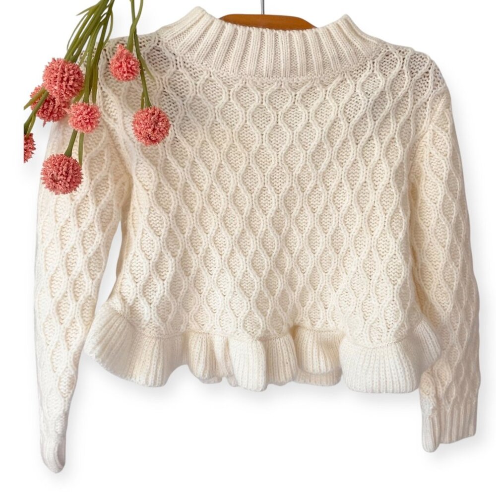 Janie And Jack Girls Ivory Cable Knit Ruffle Hem Sweater